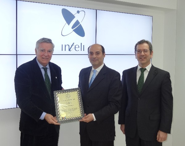 In January, Rear Adm. Carlos Rodolfo, PRT (Ret.) (l), chapter president, presents Alexandre Videira (c), member of the board of INTELI, with a corporate membership certificate in the presence of Pedro Filipe, program manager for aeronautics at INTELI.