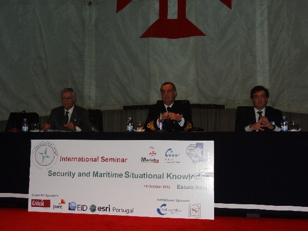 Speaking at the chapter's opening seminar session in October are (l-r) Rear Adm. Carlos Rodolfo, PON (Ret.), chapter president; Rear. Adm. Seabra de Melo, PON, commander of the Portuguese Naval Academy; and Professor Victor Lobo, director of CINAV.