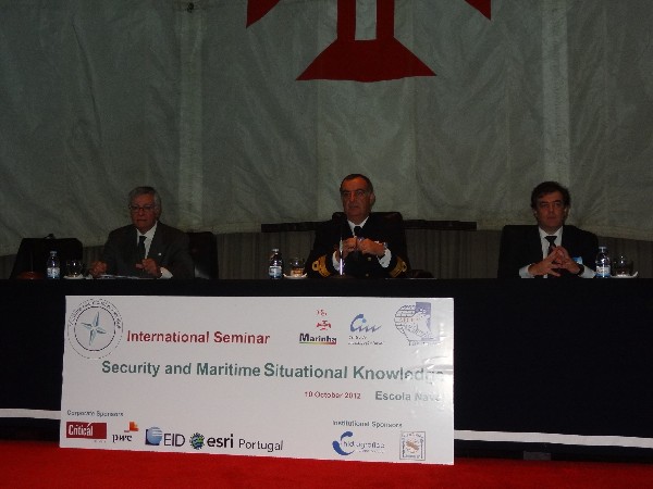 Speaking at the chapter�s opening seminar session in October are (l-r) Rear Adm. Carlos Rodolfo, PON (Ret.), chapter president; Rear. Adm. Seabra de Melo, PON, commander of the Portuguese Naval Academy; and Professor Victor Lobo, director of CINAV.