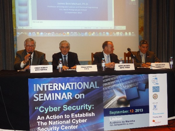Speaking at the chapter’s opening seminar in September are (l-r) Rear Adm. Carlos Rodolfo, PON (Ret.), chapter president; Vice Adm. Torres Sobral, PON (Ret.), National Security Authority; James Michael, professor at the U.S. Naval Postgraduate School; and Cmdr. Oscar Monterrosa, USN, U.S. Embassy in Lisbon, Portugal.