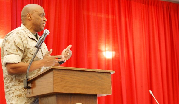 Maj. Gen. Vincent Stewart, USMC, commander, Marine Forces Cyber Command, serves as the keynote speaker for the chapter’s USMC IT Day held in April.