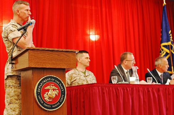 At USMC IT Day in April, Brig. Gen. Eric Smith, USMC, senior military assistant to the deputy secretary of defense, moderates a panel on cyber.
