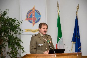 Brig. Gen. Maurizio Leoni, IA, commander, C4 Command, introduces the chapter's March event.