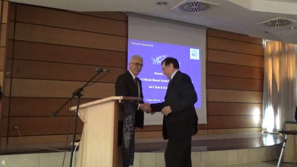 Chapter President Lt .Gen. Antonio Tangorra (l) welcomes Undersecretary for Defence, Most Honorable Domenico Rossi at the event Innovative Solutions for Model Based System Engineering  and Test & Evaluation in February