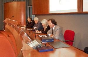 Addressing attendees at the chapter conference in December are (l-r) Maj. Gen. Pietro Primo, IA, commander of the Scuola delle Trasmissioni e Informatica; Lt. Gen. Pietro Finocchio, ITAF (Ret.), chapter president; Marina Ruggieri, a professor at Rome Tor Vergata University and chapter vice president; and Maurizio Madiai, head of the Aerospace Division, Aerospace and Defense Italian Association.