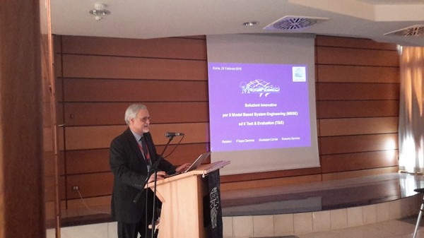 Filippo Gemma, CEO of GMSpazio, addresses the audience during opening presentation at the event Innovative Solutions for Model Based System Engineering  and Test & Evaluation in February.