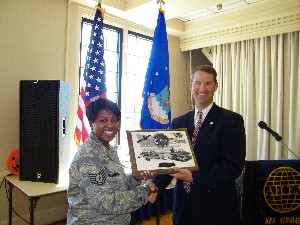 During the October meeting, Marion recognized Technical Sgt. Danielle McAdams, USAF, from the Air Combat Command Communications Group as the August Airman of the Month recipient.
