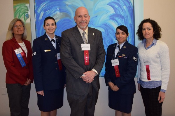Chapter judges assisting with the Tidewater Science and Engineering Fair in March are (l-r) Paula McPhee; Senior Airman Jessica Kettering, USAF; Rick Beard; Senior Airman Kayla Warren, USAF; and Stephanie Luzzi.