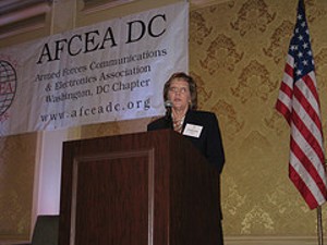 Catherine Doolos, deputy program executive officer (Finance & Logistics), discusses her area of the PEO-EIS at the chapter's November luncheon.