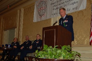 Gen. Dettmer (r) introduces the February panel members: Brig. Gen. Dash Jamieson, USAF (l), director, Strategy, Integration and Doctrine, Deputy Chief of Staff, ISR, the Pentagon, Washington, D.C.; Brig. Gen. Mark O. Schissler, USAF (2nd from l), director, Cyber Operations,
Deputy Chief of Staff for Operations, Plans and Requirements, Headquarters U.S. Air Force; and Brig. Gen. Lawrence L. Wells, USAF (2nd from r), director, Warfighter Systems Integration and Deployment, Office of Warfighting Integration, Chief Information Officer, Office of the Secretary of the Air Force.