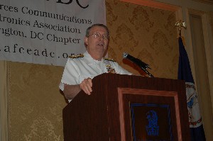 Adm. Edmund P. Giambastiani, Jr., USN, the Joint Chiefs of Staff, addresses the attendees at the chapter's May luncheon.