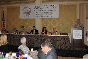 Following the November luncheon and presentation, panel speakers from the PEO-EIS including (l-r) Doolos, Lee Harvey and Winkler answer questions from the audience.