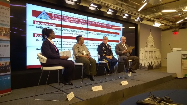 Panelists discussing the federal procurement process in January are (l-r) Kathleen Gregory, procurement analyst and small business specialist, Acquisition Policy and Oversight, Immigration and Customs Enforcement, Department of Homeland Security; Roberta Richardson, small business specialist, Defense Intelligence Agency, Department of Defense; Col. Scott Svabek, acting procurement director, Defense Health Agency, Department of Defense; and Mitchell Ross, director of the Acquisition and Grants Office, National Oceanic and Atmospheric Administration, Department of Commerce. 