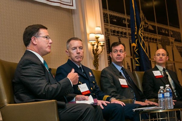 Panelists (l-r) Sachs, Rear Adm. Lunday, Brig. Gen. Touhill and Strozer discuss cybersecurity challenges at the chapter's November luncheon.

