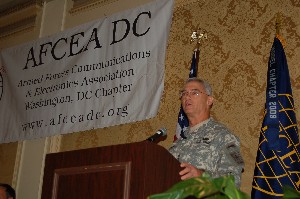 Lt. Gen. Jeffrey A. Sorenson, USA, chief information officer (CIO)/G-6, Headquarters Department of the Army, provides the welcome remarks for the September panel.
