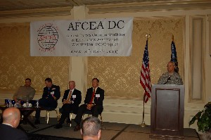 In September, Gen. Sorenson (r) introduces the panel members: (l-r) Maj. Gen. (Sel.) George J. Allen, USMC, director of command, control, communications and computers and CIO, U.S. Marine Corps; Rear Adm. Robert E. Day Jr., USCG, assistant commandant for command, control, communications and information technology, and incoming CIO, U.S. Coast Guard; John J. Garing, CIO and director of strategic planning, Defense Information Systems Agency; and Gregory Gardner, deputy intelligence community CIO, Office of the Director of National Intelligence. 