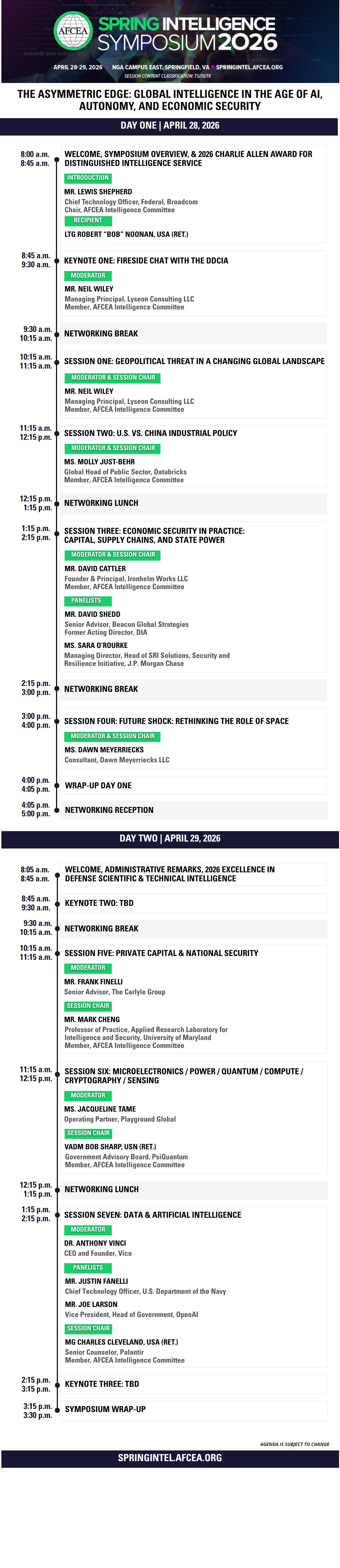 Agenda for Spring Intelligence Symposium