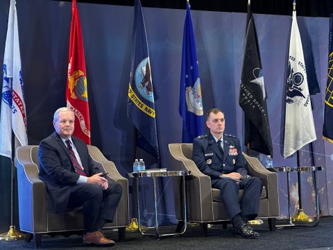 Joe McDade (l), assistant deputy chief of staff for plans and programs and Maj. Gen. David Snoddy, assistant deputy chief of staff for cyber effects operations, both at the Department of the Air Force, speak on December 14 at AFCEA NOVA's Air Force IT Day.