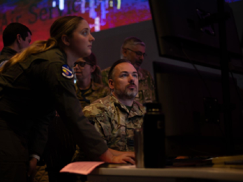 U.S. Air Force airmen and members of the Royal Air Force participate in the Shadow Operations Center-Nellis Capstone (ShOC-N) experiment event at Nellis Air Force Base, Nevada, November 2025. The ShOC-N executed the capstone event to refine tactics, techniques and procedures for integrated, two-way kill-chain automation across operational and tactical command and control. Credit: U.S. Air Force photo by Airman 1st Class Jennifer Nesbitt