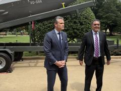 The Department of Defense will accelerate the acquisition, testing and training of unmanned aerial systems, to build defense production and outpace adversaries, says Pete Hegseth, secretary of defense (l), standing with Emil Michael, undersecretary of defense for research and engineering (USD(R&E)), on July 16 at the Pentagon.