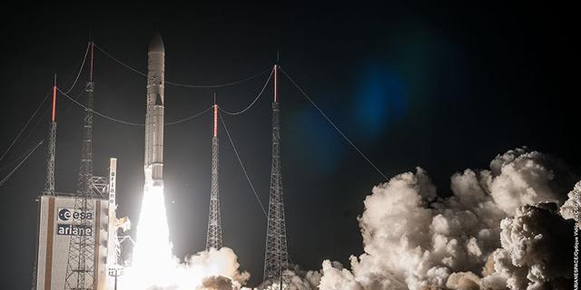 After a roughly 20-minute delay, Arianespace successfully launches Ariane 5 on Wednesday, a rocket carrying a double payload with Intelsat-33e and Intelsat-36. Photo courtesy of Intelsat.