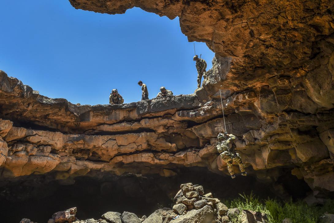 A special tactics airman assigned to the 24th Special Operations Wing rappels into the Al-Badia cave complex in Mafraq governorate, Jordan, during a personnel rescue mission as part of a military exercise. The wide array of missions and technological needs poses a challenge for the U.S. Special Operations Command Science and Technology Directorate.