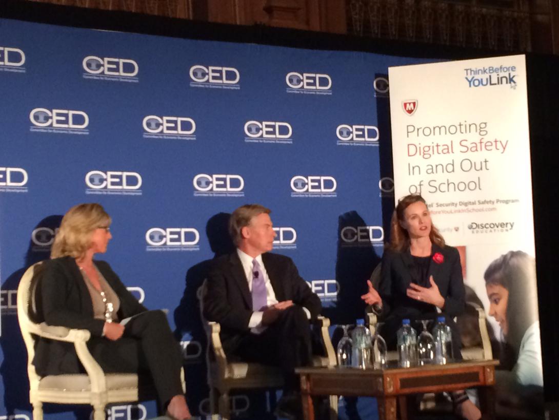 Michelle Dennedy (r), chief privacy officer for Intel Security, talks about a new program to teach children safe cyberpractices in partnership with Discovery Education, led by Bill Goodwyn, (c). Penny Baldwin, CMO of Intel Security, moderated the discussion.