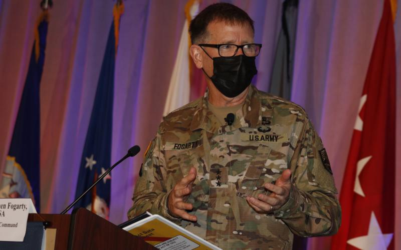 Lt. Gen. Stephen Fogarty, USA, commander, U.S. Army Cyber Command, addresses the audience at TechNet Augusta 2021. Photo by Michael Carpenter