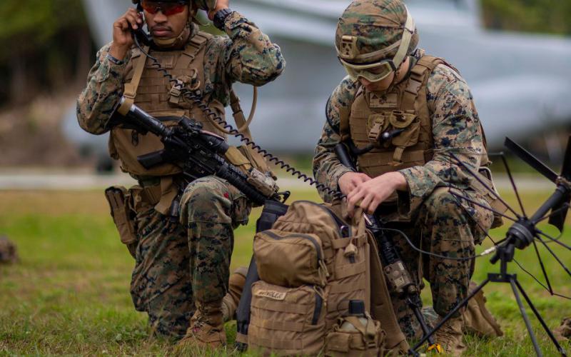 A pair of Marines establishes a communications network while participating in mass casualty response training in Okinawa. Advanced HF radio connectivity may see its first broad use in the Indo-Pacific region in humanitarian assistance, disaster relief operations. U.S. Marine Corps photo
