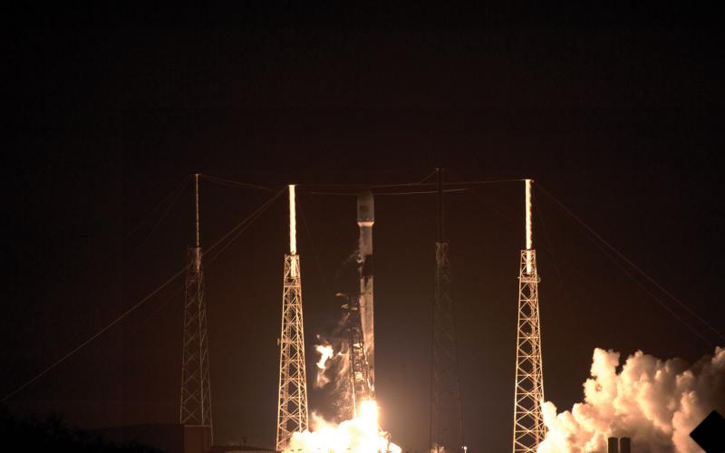 A SpaceX Falcon 9 launches the first 60 Starlink communication satellites from Cape Canaveral Air Force Station. Large numbers of small orbiters, such as cubesats and nanosats, launched by the commercial sector offer the potential for vast constellations of intelligence sensors in orbit. Credit: U.S. Air Force photo