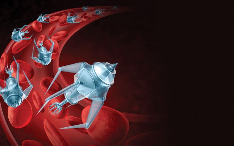 An artist’s concept shows nanorobots cruising through the bloodstream amid corpuscles as they head for a target site, where they will treat a patient. Security experts fear that these types of nanorobots could be compromised by a hacker who reprograms them for malicious action. credit: Shutterstock imagery by Lightspring
