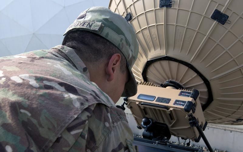 Sgt. Kevin Nguyen, USA, a team leader in the 50th Expeditionary Signal Battalion, tests the connection of a Tampa Microwave satellite dish in Camp Arifjan, Kuwait. A team of soldiers from the 50th ESB is testing the mobility and capabilities of their new equipment in locations all over the world. U.S. Army photo by Sgt. Adam Parent, USA