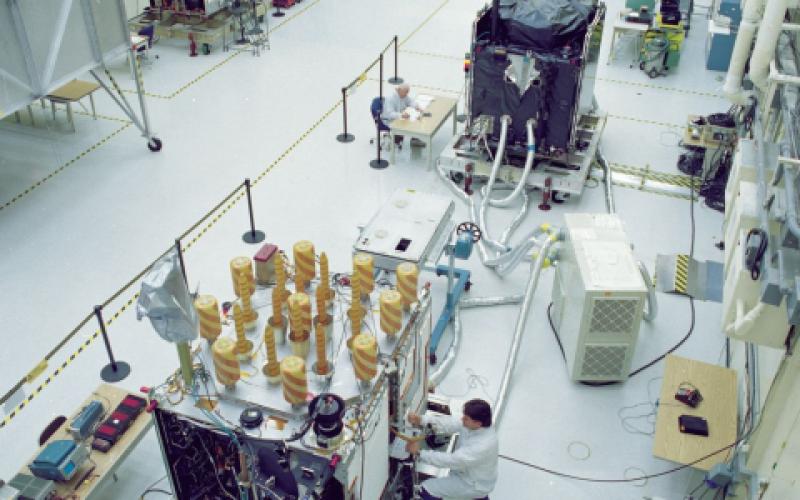Lockheed Martin engineers work on the GPS IIR satellites for the U.S. Air Force. Lockheed Martin designed and built 21 GPS IIR satellites and subsequently modernized eight of those spacecraft, designated GPS IIR-M, to enhance operations and navigation signal performance.   Courtesy Lockheed Martin