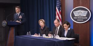 Katie Arrington (r), chief information security officer, office of the undersecretary of defense for acquisition, U.S. Defense Department, and other Pentagon acquisition officials brief reporters on cybersecurity standards for government. Photo by Petty Officer 2nd Class James K. Lee, USN