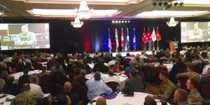 Lt. Gen. Ben Hodges, USA, commander, U.S. Army Europe, speaks to the attendees of TechNet Augusta via video teleconference.