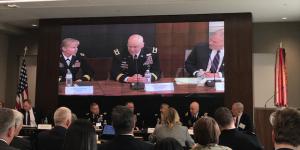 From left, the Army’s Maj. Gen. Patricia Frost, Maj. Gen. John Morrison, and Maj. Gen. David Lacquement (Ret.) discuss at a recent AUSA event how the Army is integrating electronic warfare capabilities into a multifunction approach with cyber and intelligence operations.