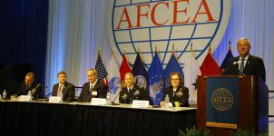 Panelists discuss partnerships in cyber warfare at the AFCEA Defensive Cyber Operations Symposium.