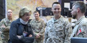 Undersecretary of Defense for Acquisition and Sustainment Ellen M. Lord, who spoke to WEST attendees via video link, meets key staff members of the Combined Joint Task Force–Operation Inherent Resolve in Iraq. U.S. Army photo by Staff Sgt. Desmond Cassell