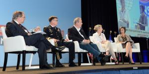 Describing U.S. actions against cyber attacks at the AFCEA/INSA Intelligence and National Security Summit are (l-r) panel moderator David Sanger, The New York Times; Lt. Gen. Stephen G. Fogarty, USA, commander, U.S. Army Cyber Command; Rick Howard, chief security officer, Palo Alto Networks; Jeanette Manfra, assistant director for cybersecurity, DHS; and Tonya Ugoretz, deputy assistant director for cyber, FBI. Credit: Herman Farrer Photography