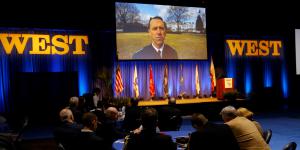 Adm. John Richardson, USN, chief of naval operations, speaks to the West 2019 audience via videoconference.