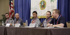 A Young AFCEAN-sponsored panel previewing the future of military data intelligence features (l-r) Brandon Lester, SRC Technologies; Mike Henry, The MITRE Corporation; Vincent Lee, Leeward Community College; Robert J. Runser; NSA Hawaii; and Chuck Weissenborn, Symantec. Credit: Bob Goodwin Photography