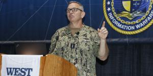 Vice Adm. Jeffrey E. Trussler, USN, deputy chief of naval operations for information warfare and director of Naval Intelligence, describes the rising tide of information warfare at WEST 2022. Photo by Michael Carpenter
