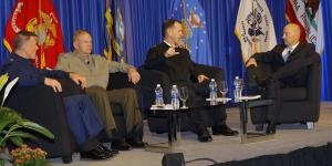 From l-r, Adm. Paul F. Zukunft, USCG, commandant, U.S. Coast Guard; Gen. Robert B. Neller, USMC, commandant, U.S. Marine Corps; and Adm. John M. Richardson, USN, chief of naval operations, discuss sea service challenges and opportunities in a town hall forum moderated by Adm. James G. Stavridis, USN (Ret.), dean, The Fletcher School of Law and Diplomacy, Tufts University.