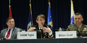 Vice Adm. Jan Tighe, deputy chief of naval operations for information warfare and director of naval intelligence, speaks at West 2017. Photo by Mike Carpenter