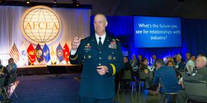 Lt. Gen. Alan Lynn, USA, director of DISA and commander of the JFHQ-DODIN, speaks at AFCEA’s Defensive Cyber Operations Symposium in June. Photo by Mike Carpenter