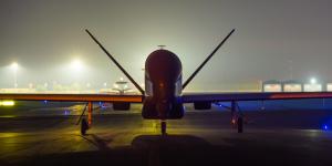 An EQ-4 Global Hawk equipped with a battlefield airborne communications node, which has been used to link multinational coalition ground and airborne assets, prepares to depart on a mission in Southwest Asia. The Defense Information Systems Agency (DISA) is counting on innovation to further its networking activities, particularly among coalition partners.