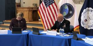 Vice Adm. Robert Sharp, USN (r), director of the National Geospatial-Intelligence Agency (NGA), and Gallaudet University President Roberta Cordano sign an education partnership agreement in May to increase research, engagement and recruiting opportunities in STEM. The agency’s research directorate is expanding its partnerships with academia, the private sector and other government agencies to leverage innovation. NGA