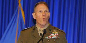 Lt. Gen. Robert S. Walsh, USMC, commanding general, Marine Corps Combat Development Command, discusses Marine Corps innovations in the Wednesday keynote address at West 2018 in San Diego.