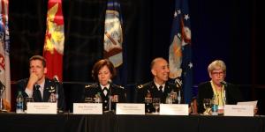 Participating in the panel session “Building and Securing the Cyber Mission Force” at AFCEA’s TechNet Augusta 2016 are (l-r) Brig. Gen. Robert J. Skinner, USAF, deputy commander, Joint Force Headquarters Department of Defense Information Network; Brig. Gen. Maria B. Barrett, USA, deputy commanding general, Joint Force Headquarters–Cyber; Brig. Gen. Welton Chase Jr., USA, commanding general, 7th Signal Command (Theater); and moderator Maj. Gen. Barbara Fast, USA (Ret.), senior vice president, CGI.