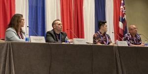 TechNet Indo-Pacific panelists discussing the coming 5G revolution are (l-r) Stephanie Hutch, Makai Defense; Michael Bilyeu, NineTwelve; William Fong, NIWC Pacific; and Robert Perkins, Vectrus.